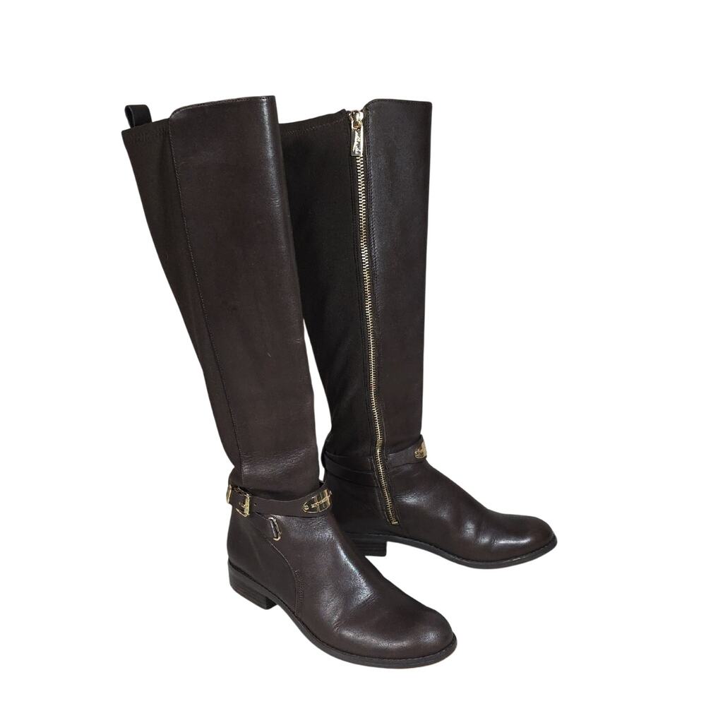 Michael Kors Arley Dark Brown Leather Boots with Gold Hardware Womens 7